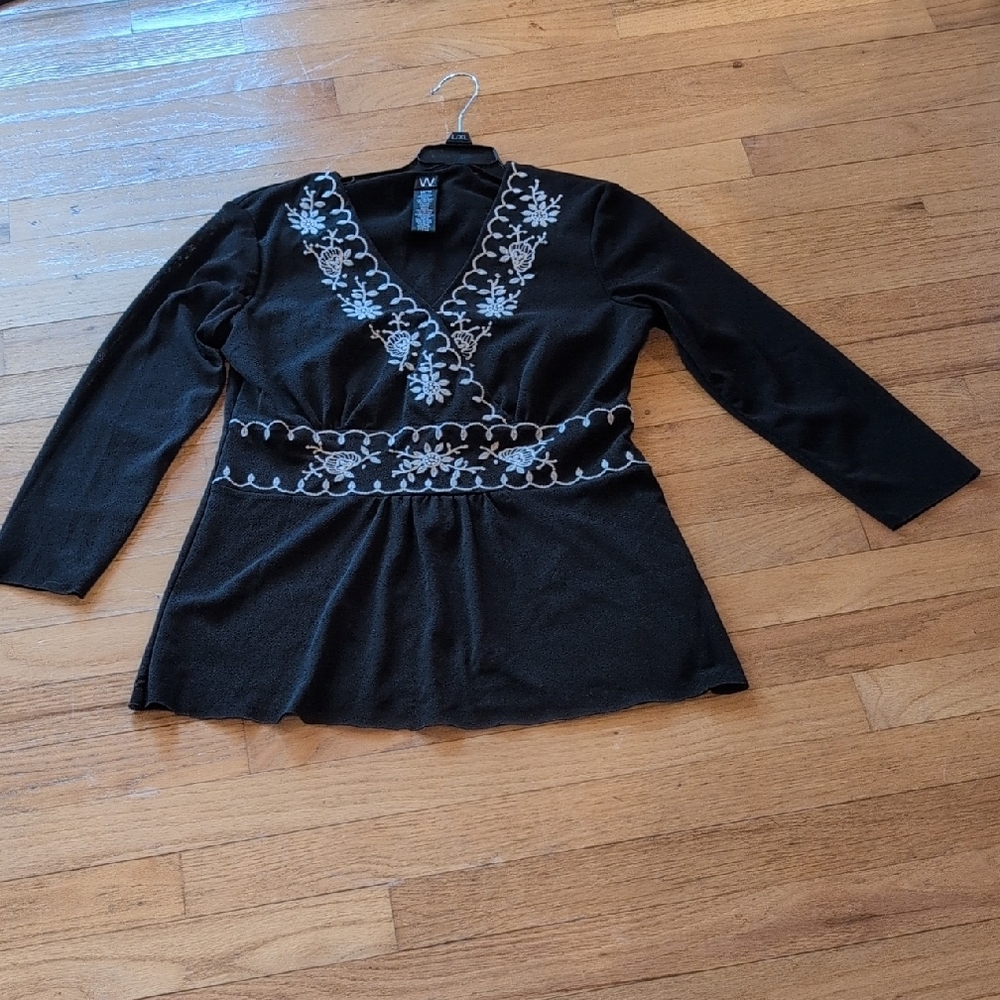 Worthington Black Wrap Blouse with 3/4 Sleeves and Embellishments